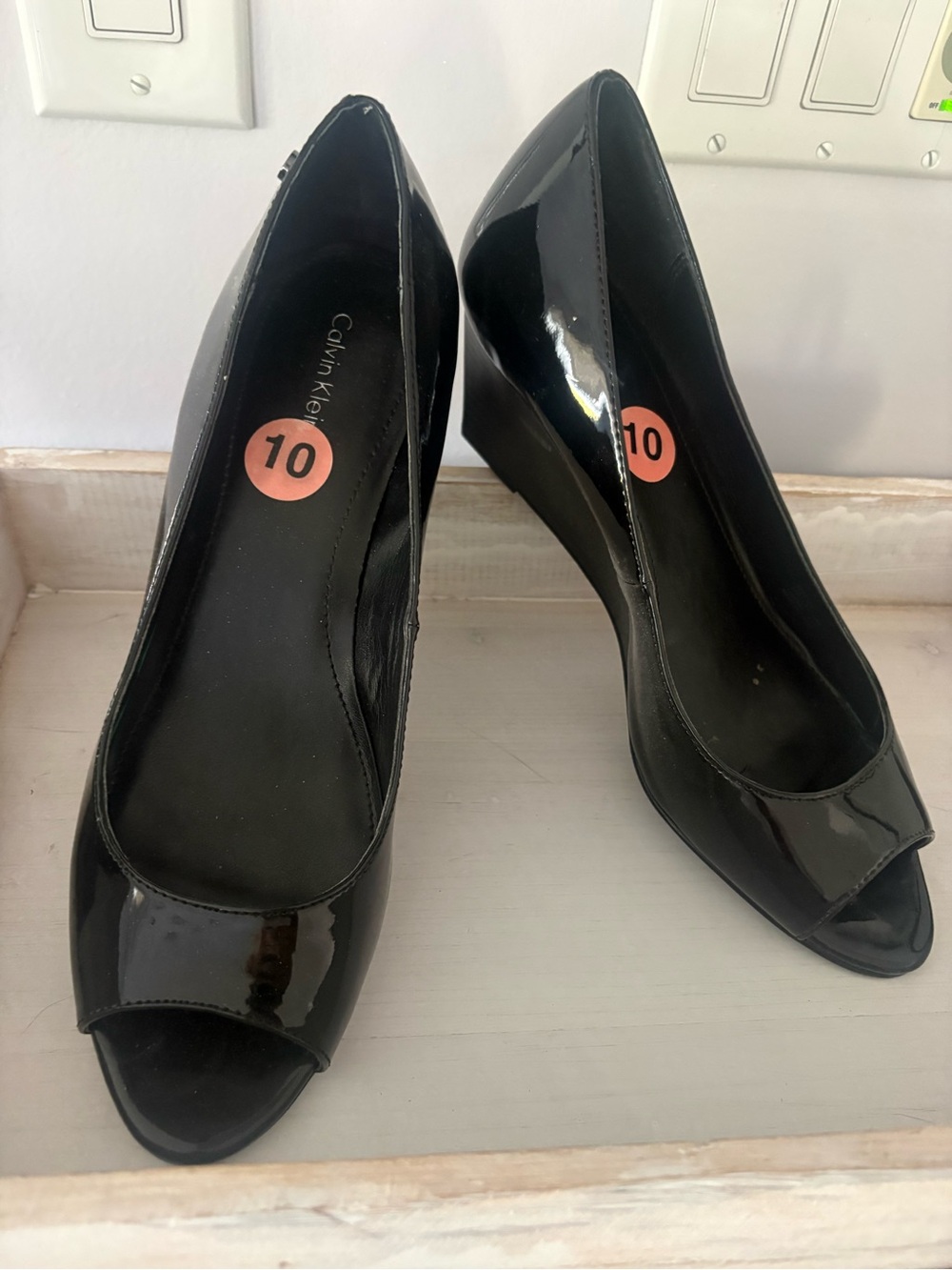 Calvin Klein Black Patent Peep-Toe Wedge Heels